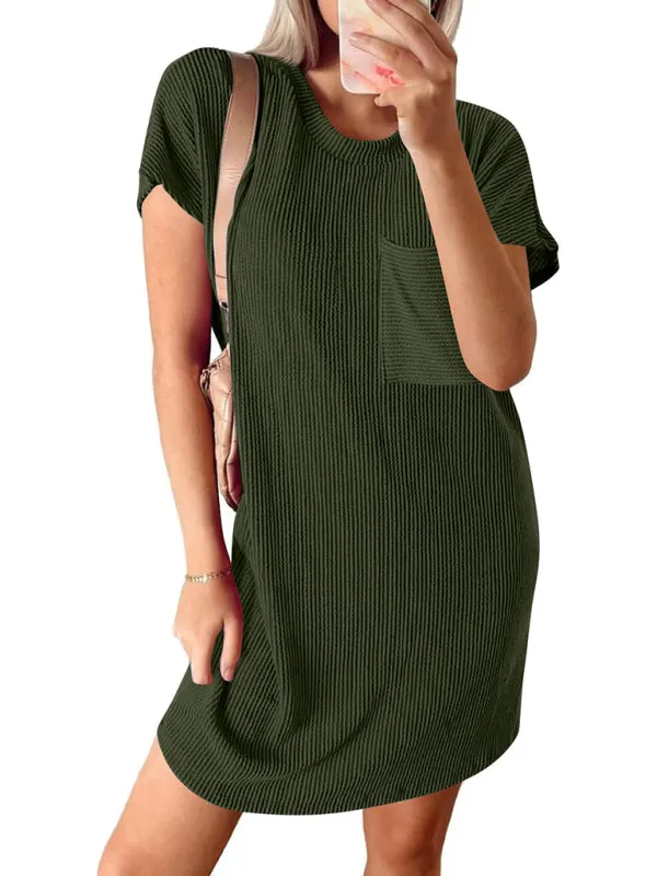 Casual contrasting wavy striped short-sleeved pocket dress