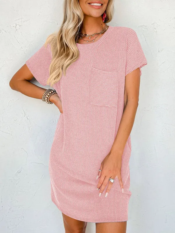 Casual contrasting wavy striped short-sleeved pocket dress