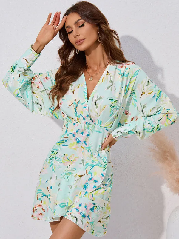 Casual holiday floral V-neck irregular long-sleeved dress