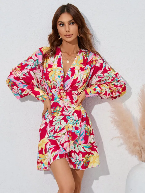 Casual holiday floral V-neck irregular long-sleeved dress