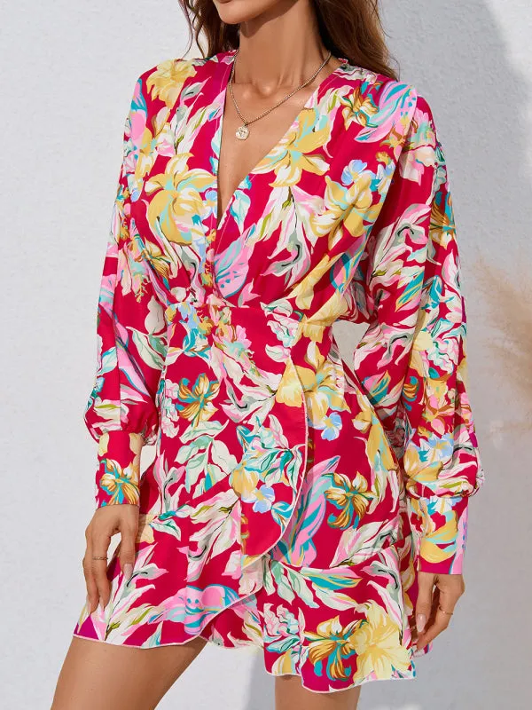 Casual holiday floral V-neck irregular long-sleeved dress