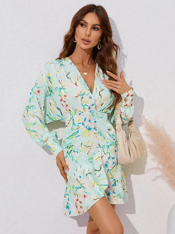 Casual holiday floral V-neck irregular long-sleeved dress