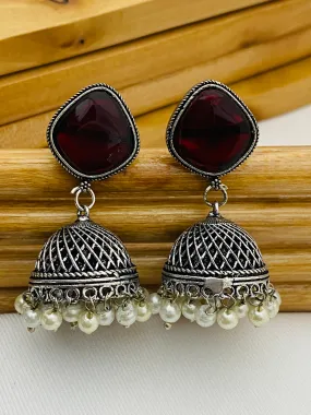 Charming Maroon Stone Beaded Designer German Silver Plated Oxidized Jhumkas With Pearl Hangings