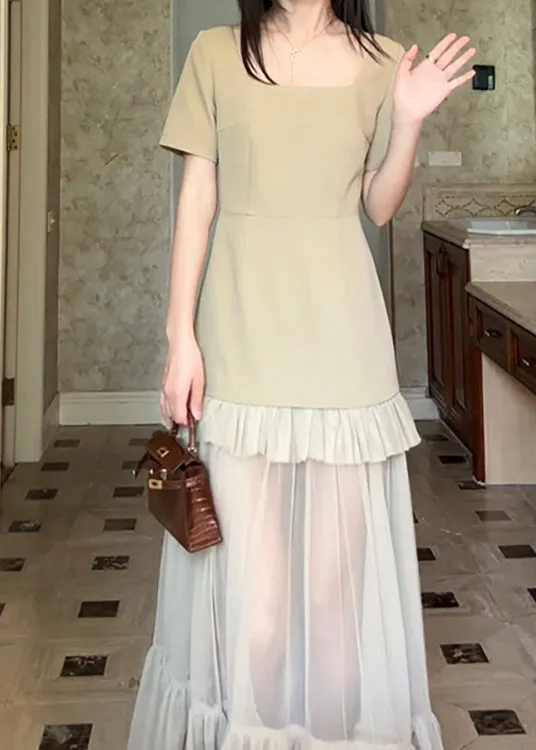 Chic Khaki Square Collar Ruffled Patchwork Cotton Long Dresses Summer ZL066