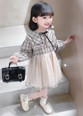 Chic Plaid Peter Pan Collar Tulle Patchwork Girls Dresses Long Sleeve XZ068