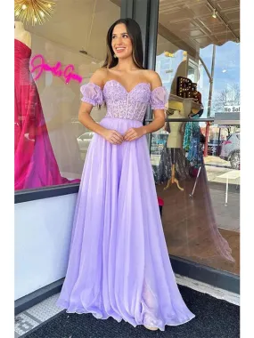 Chic Sweetheart A-line Chiffon Lilac Long Prom Dresses with Bubble Sleeves, OL981