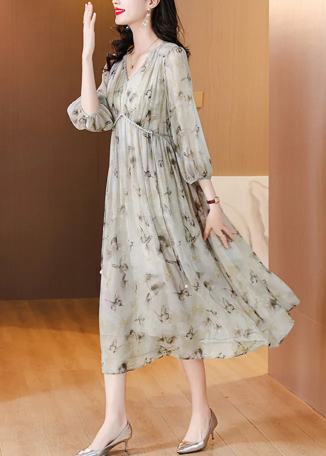 Chic V Neck Print Lace Up Chiffon Long Dress Lantern Sleeve BB001