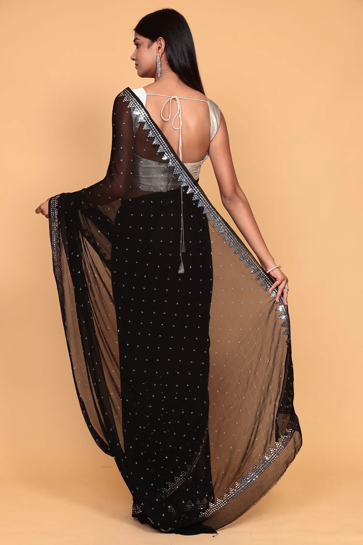 Chiffon Saree with Mirror, Swarovski work.