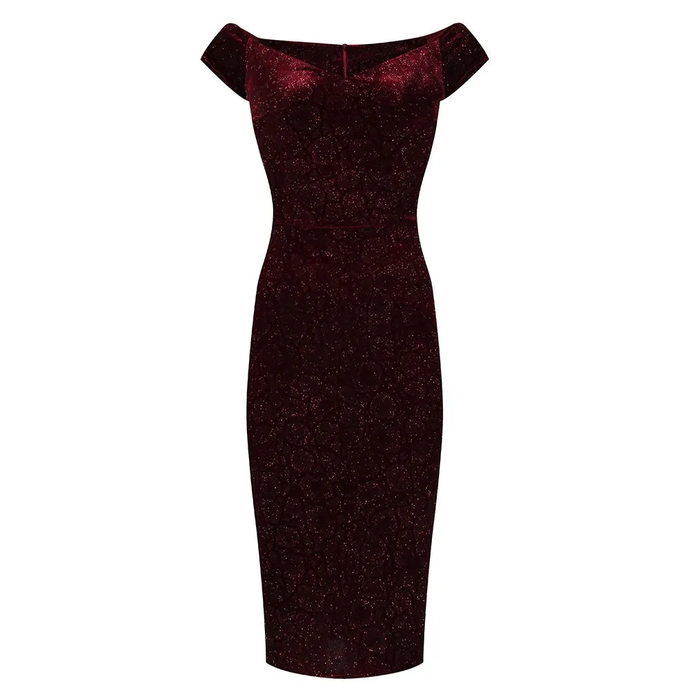 Claret Red Vintage Animal Print Velvet Capped Sleeve Wiggle Dress