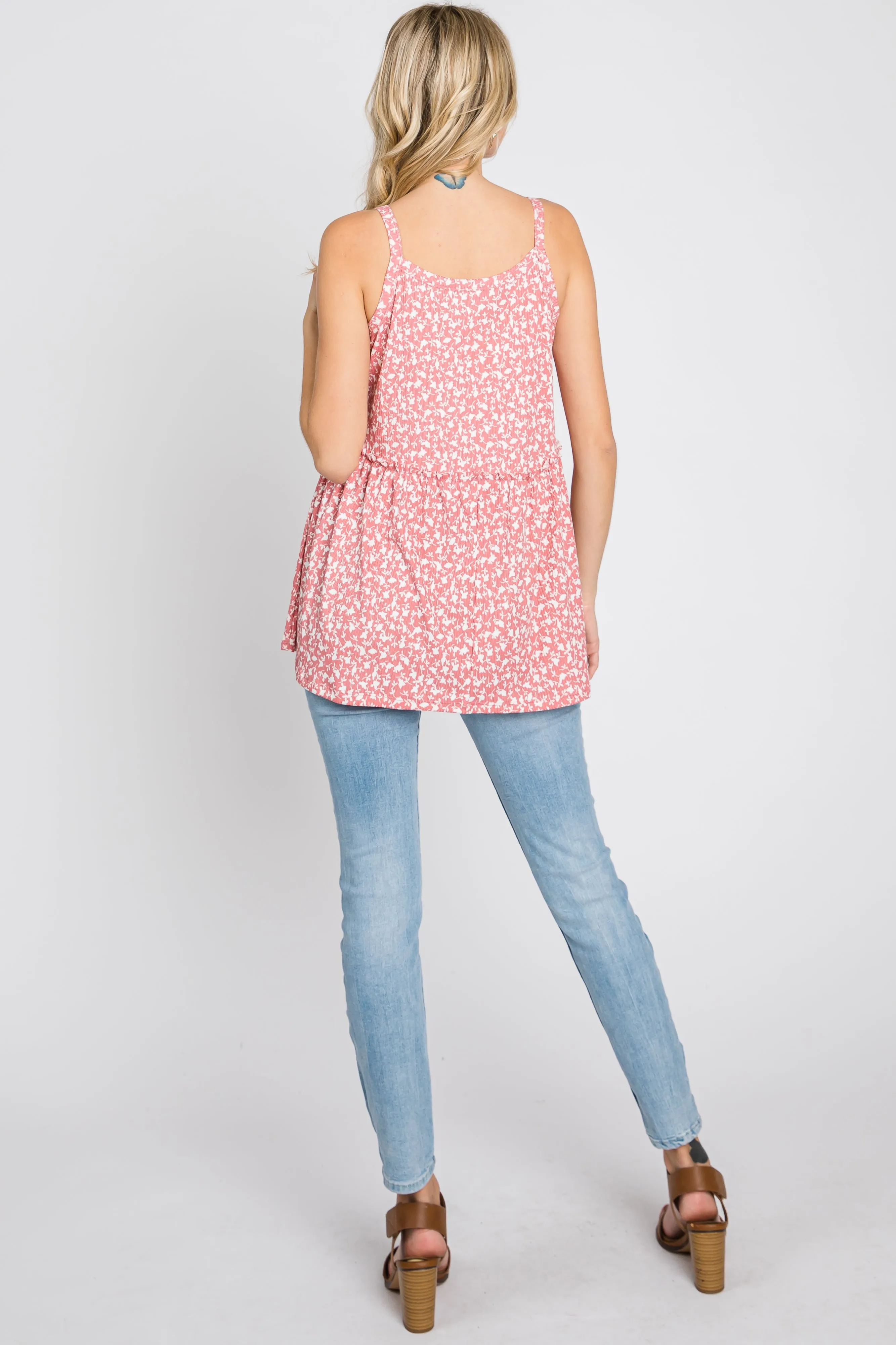 Coral Floral Ribbed Babydoll Top