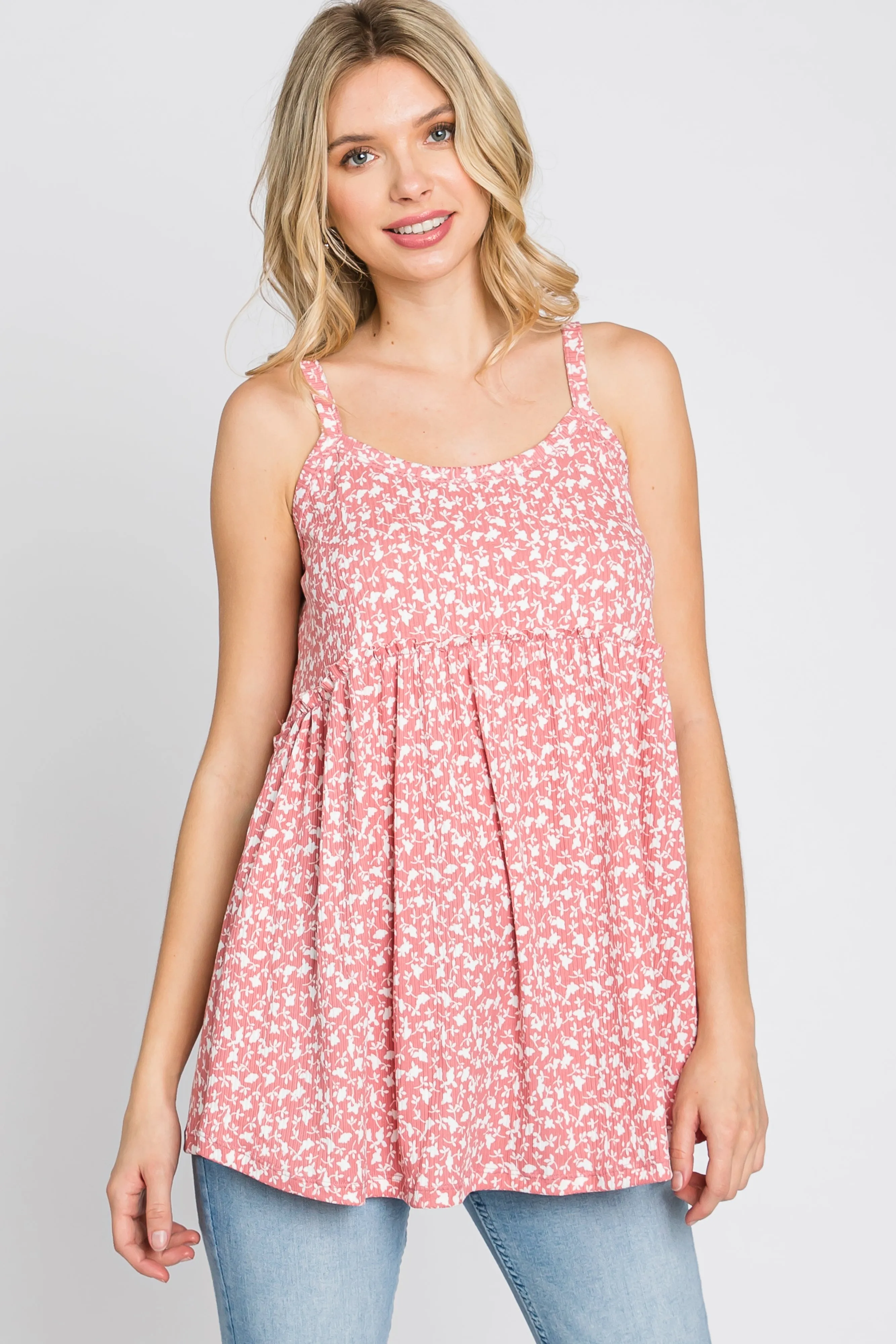 Coral Floral Ribbed Babydoll Top