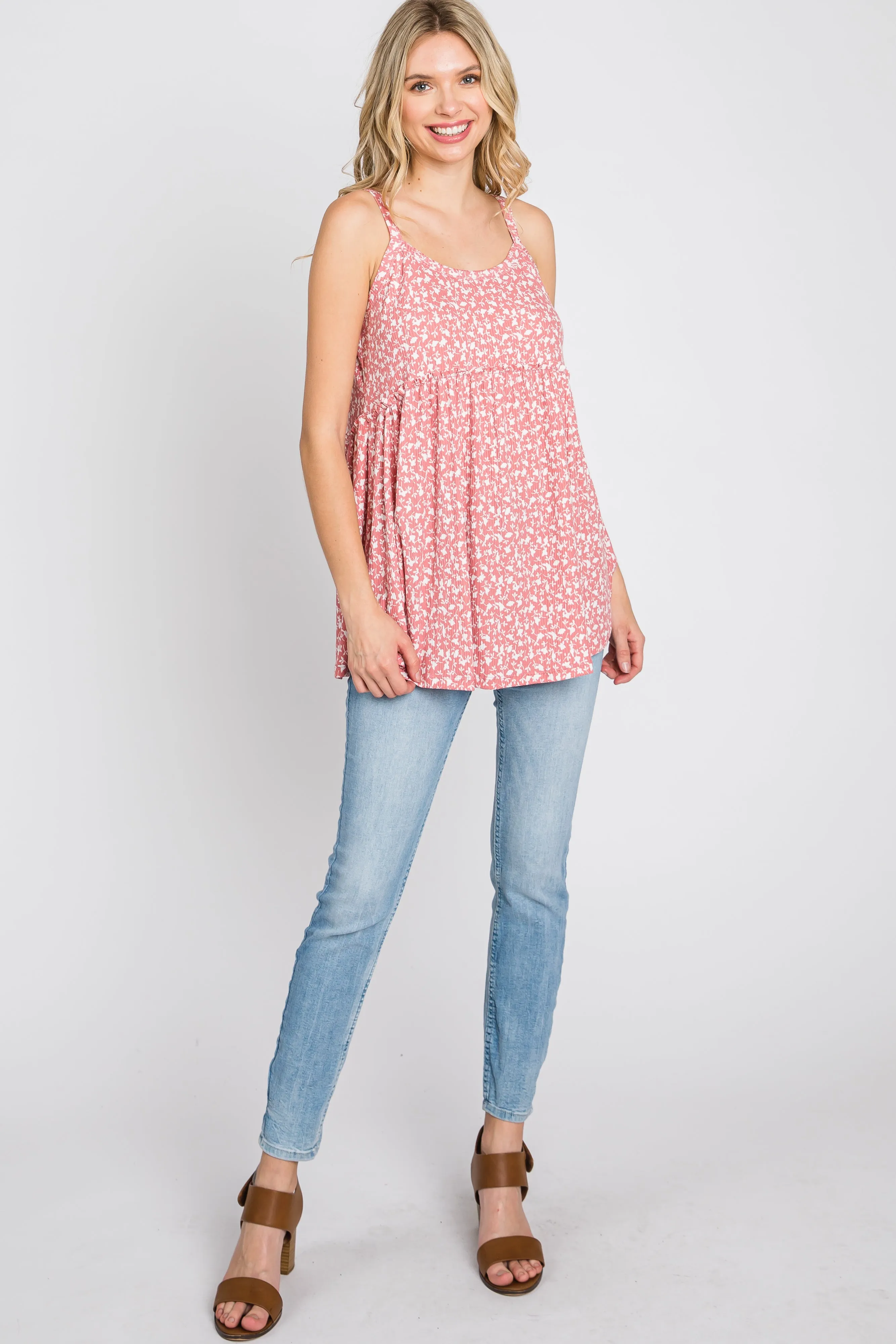 Coral Floral Ribbed Babydoll Top