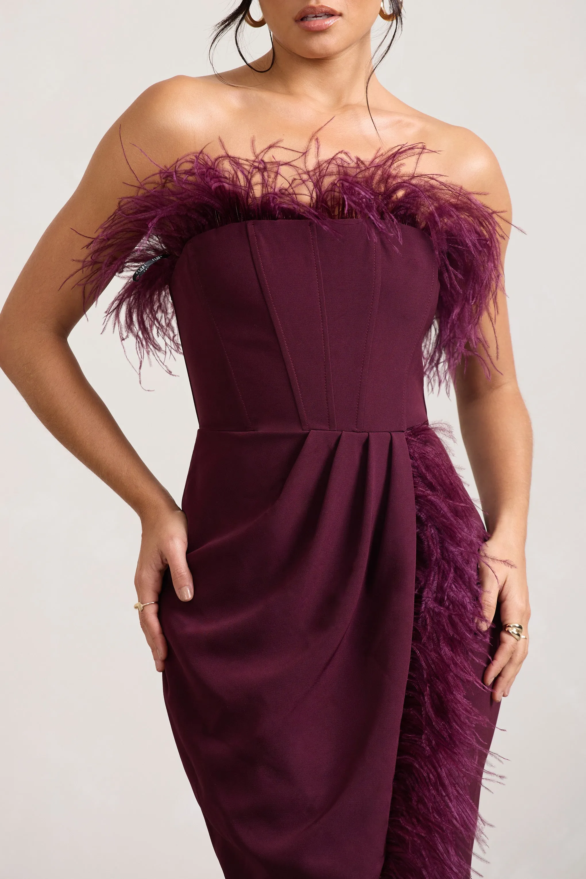 Cosmo | Burgundy Bandeau Feather Corset Split Maxi Dress