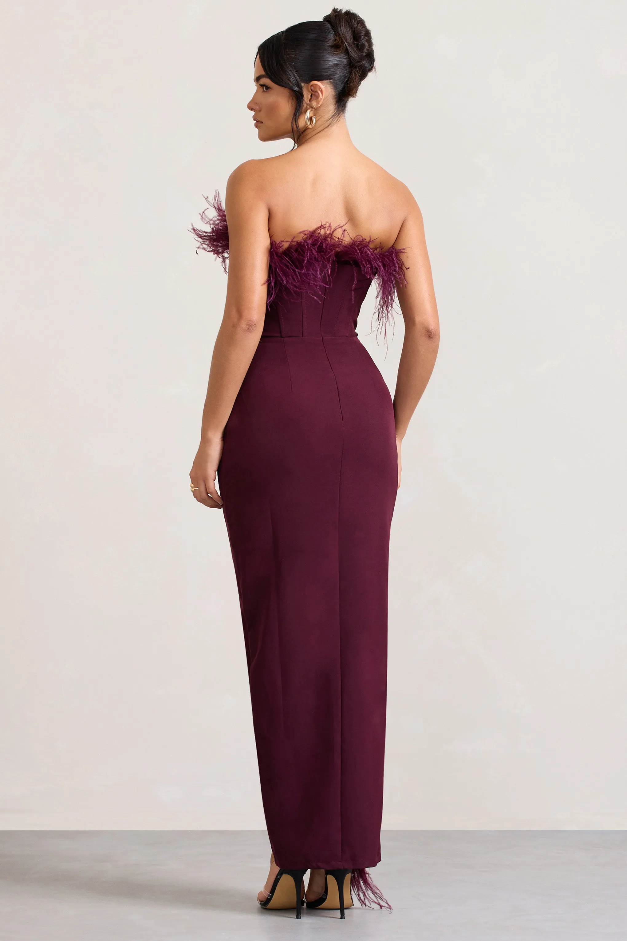 Cosmo | Burgundy Bandeau Feather Corset Split Maxi Dress