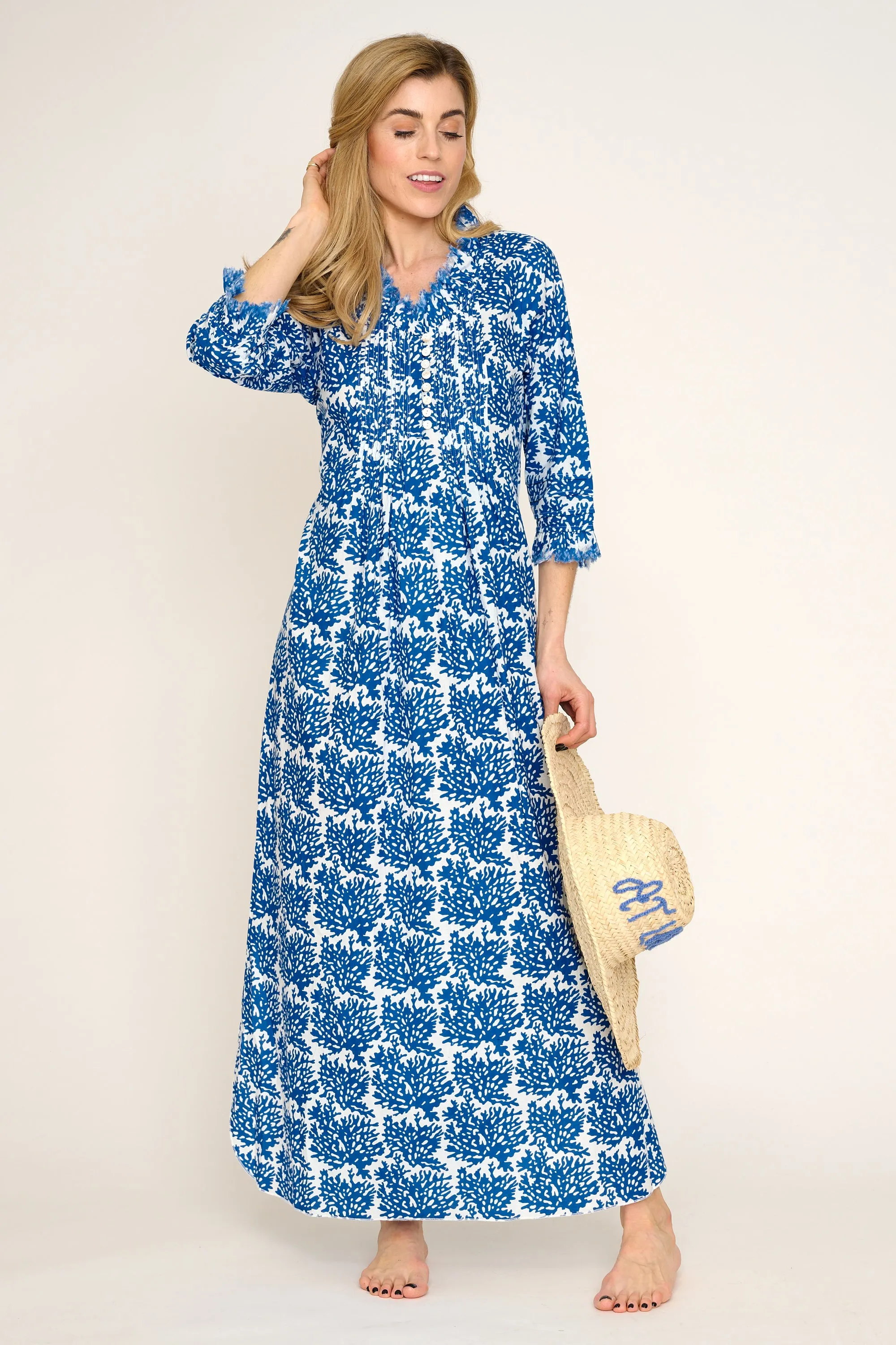 Cotton Annabel Maxi Dress in White with Blue Reef