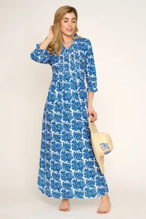 Cotton Annabel Maxi Dress in White with Blue Reef