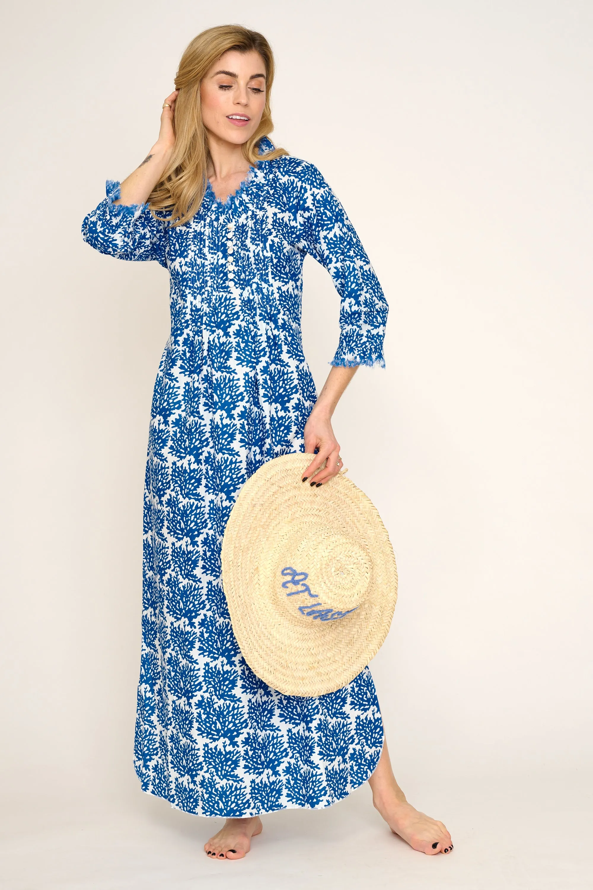 Cotton Annabel Maxi Dress in White with Blue Reef