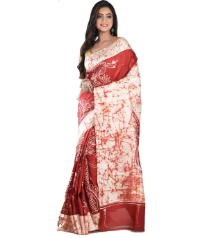 Cream maroon silk handloom batik print saree