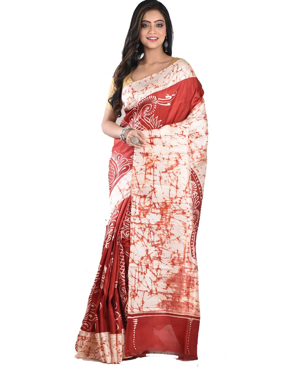 Cream maroon silk handloom batik print saree