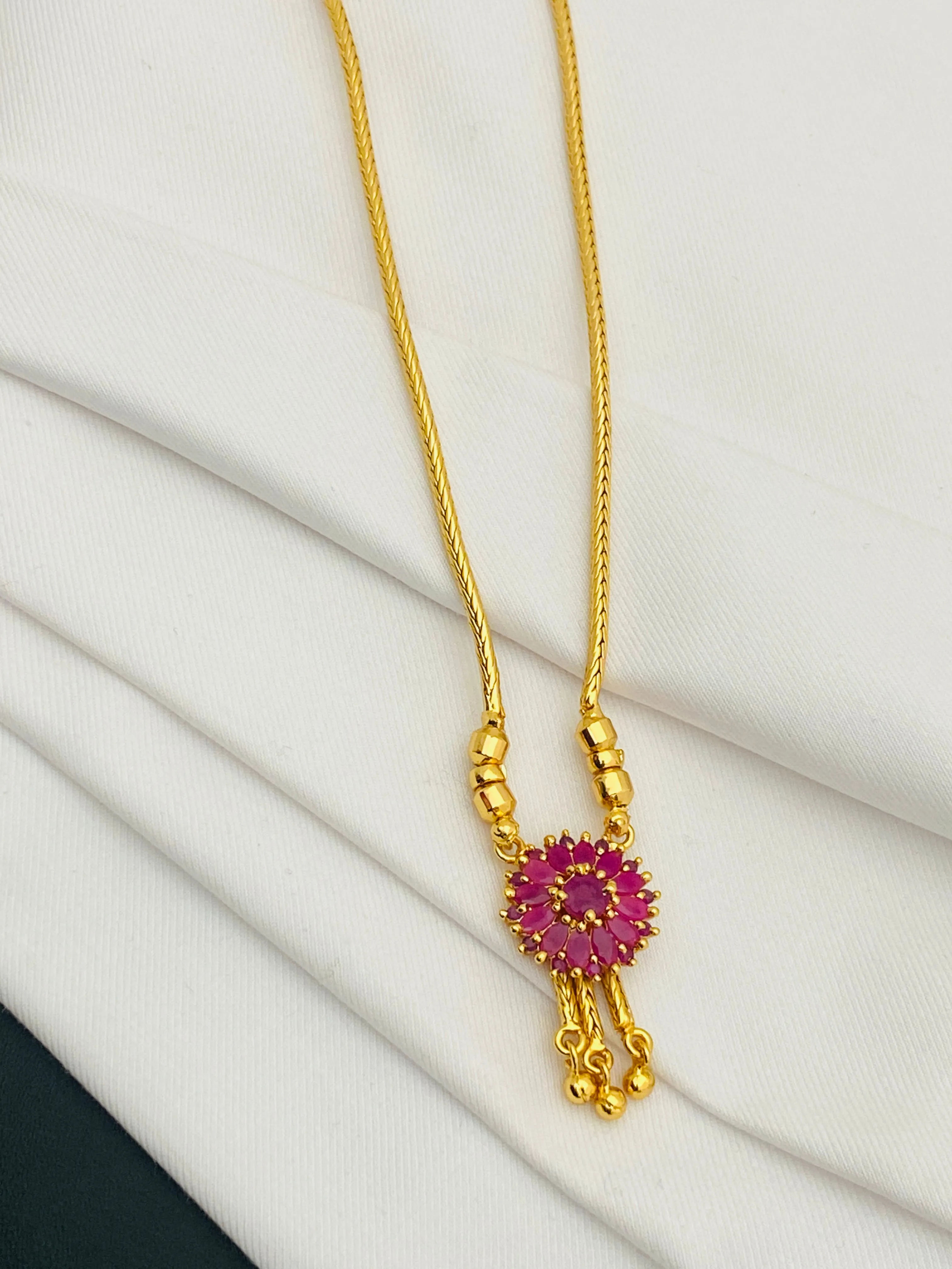 Elegant Fantastic Flower Design Ruby Stone Small Pendant Gold Plated Necklace