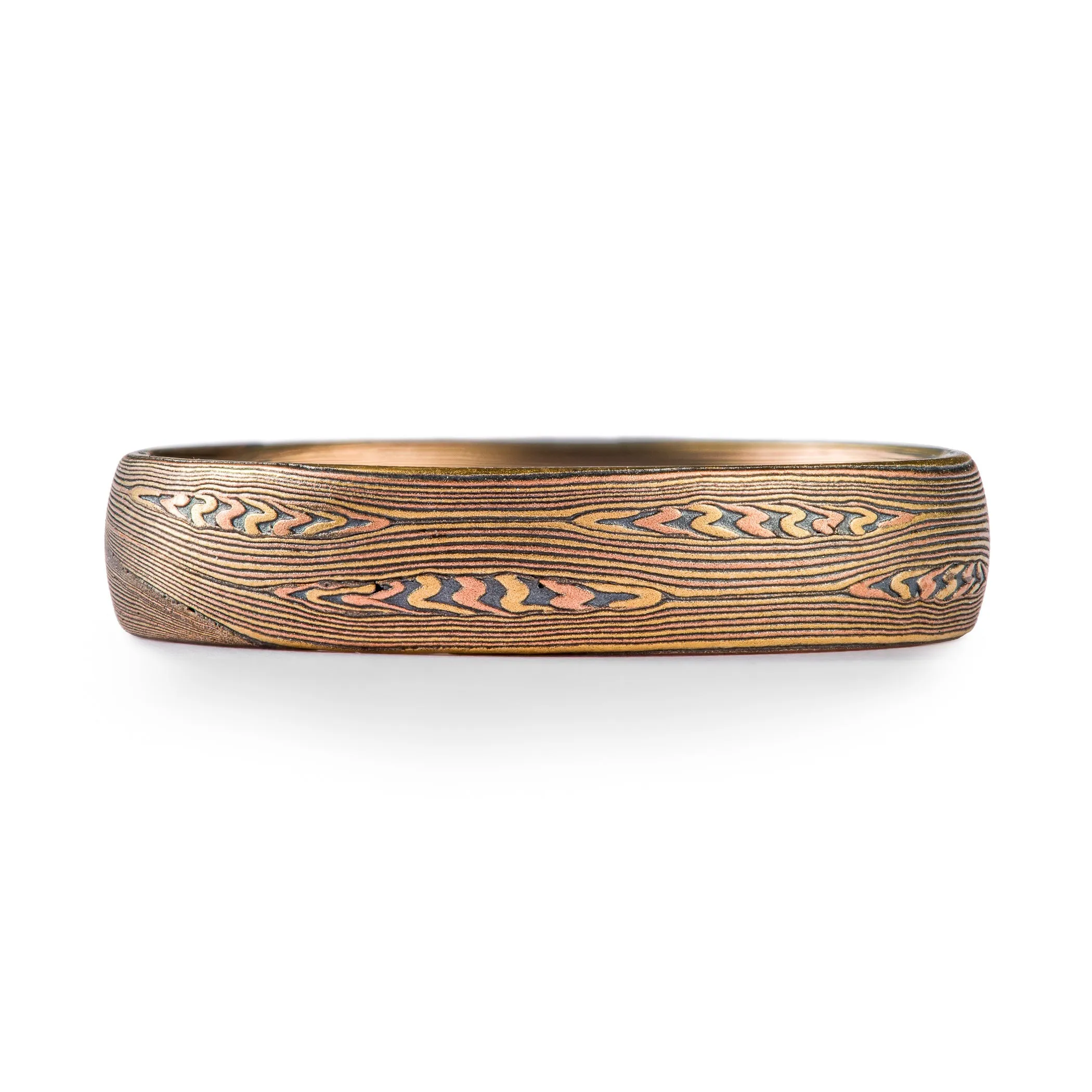 Elegant Fire Palette Ring in Flow Pattern with Mokume Knots