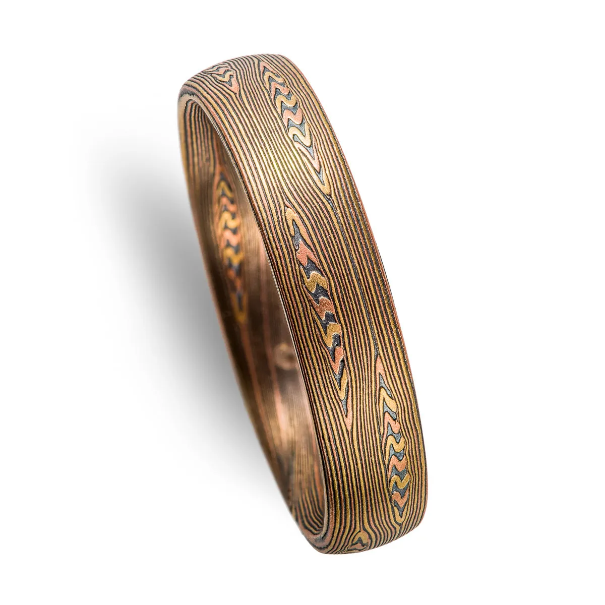 Elegant Fire Palette Ring in Flow Pattern with Mokume Knots