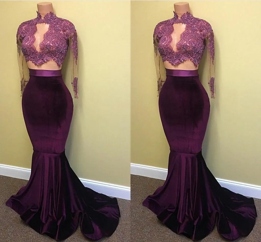 Elegant Long Sleeves Two Piece Mermaid High Neck Floor-Length Prom Dresses