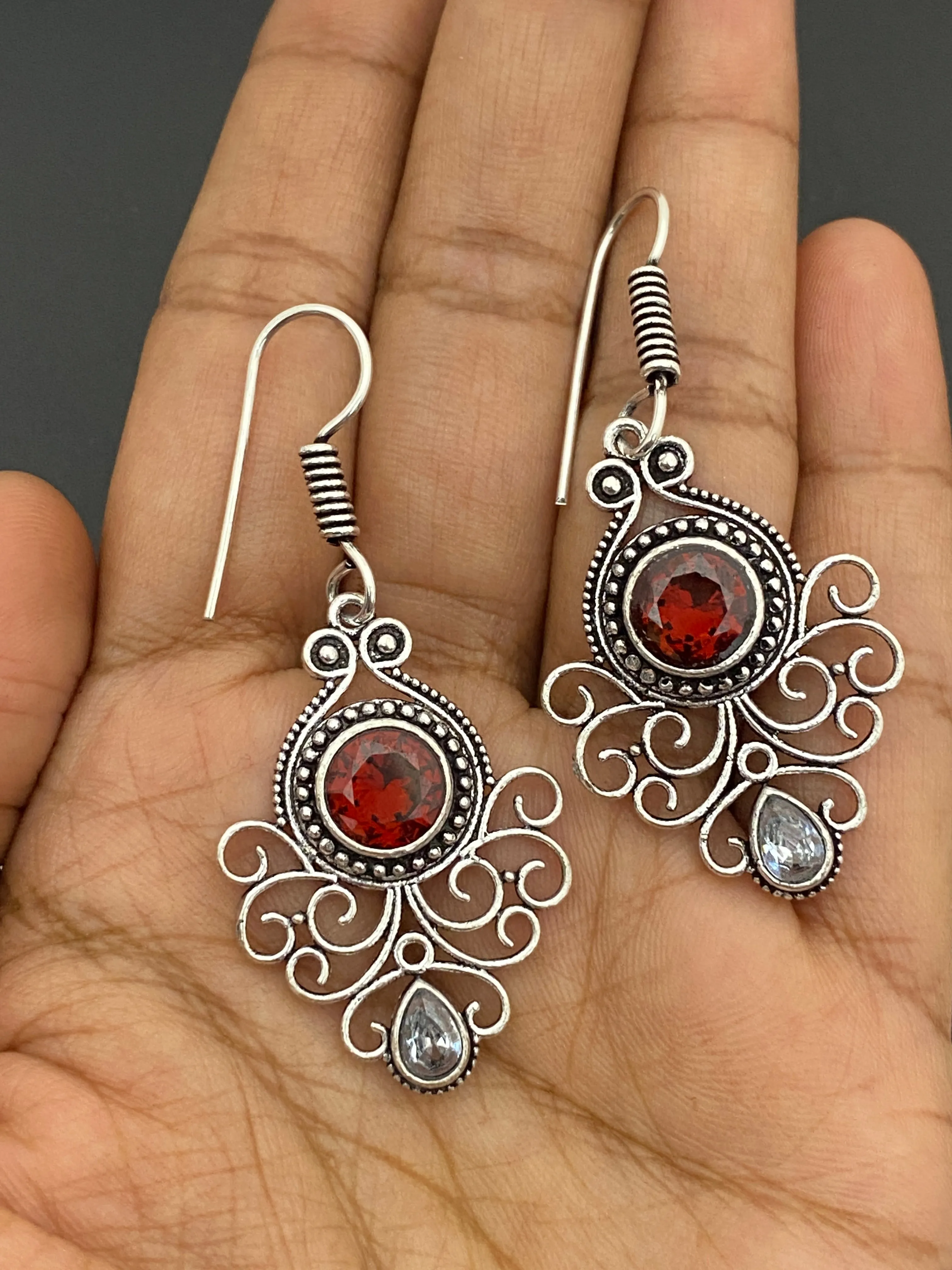 Elegant Red And White Stone Designer Silver Plated Oxidized Hook Earrings