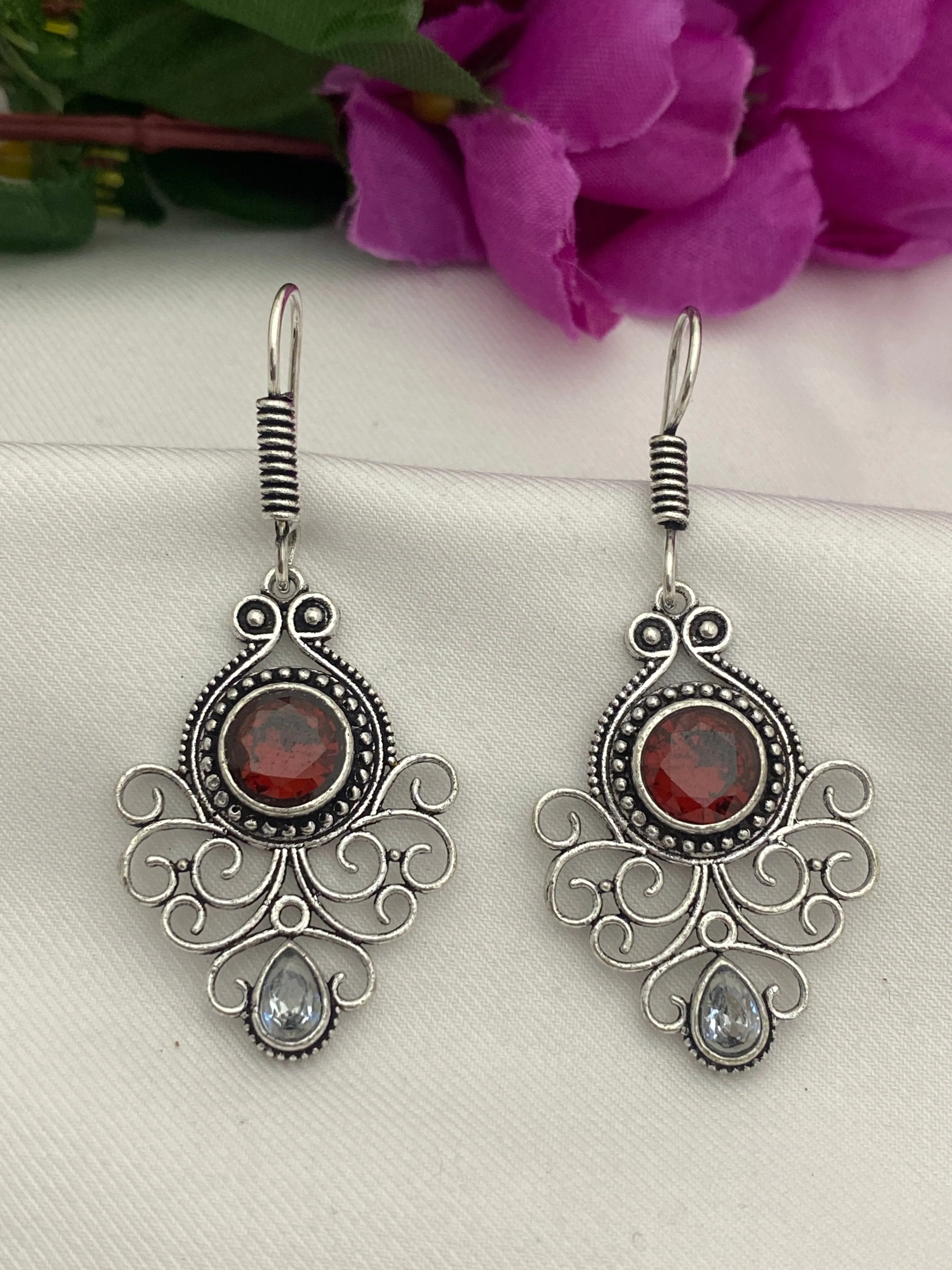 Elegant Red And White Stone Designer Silver Plated Oxidized Hook Earrings