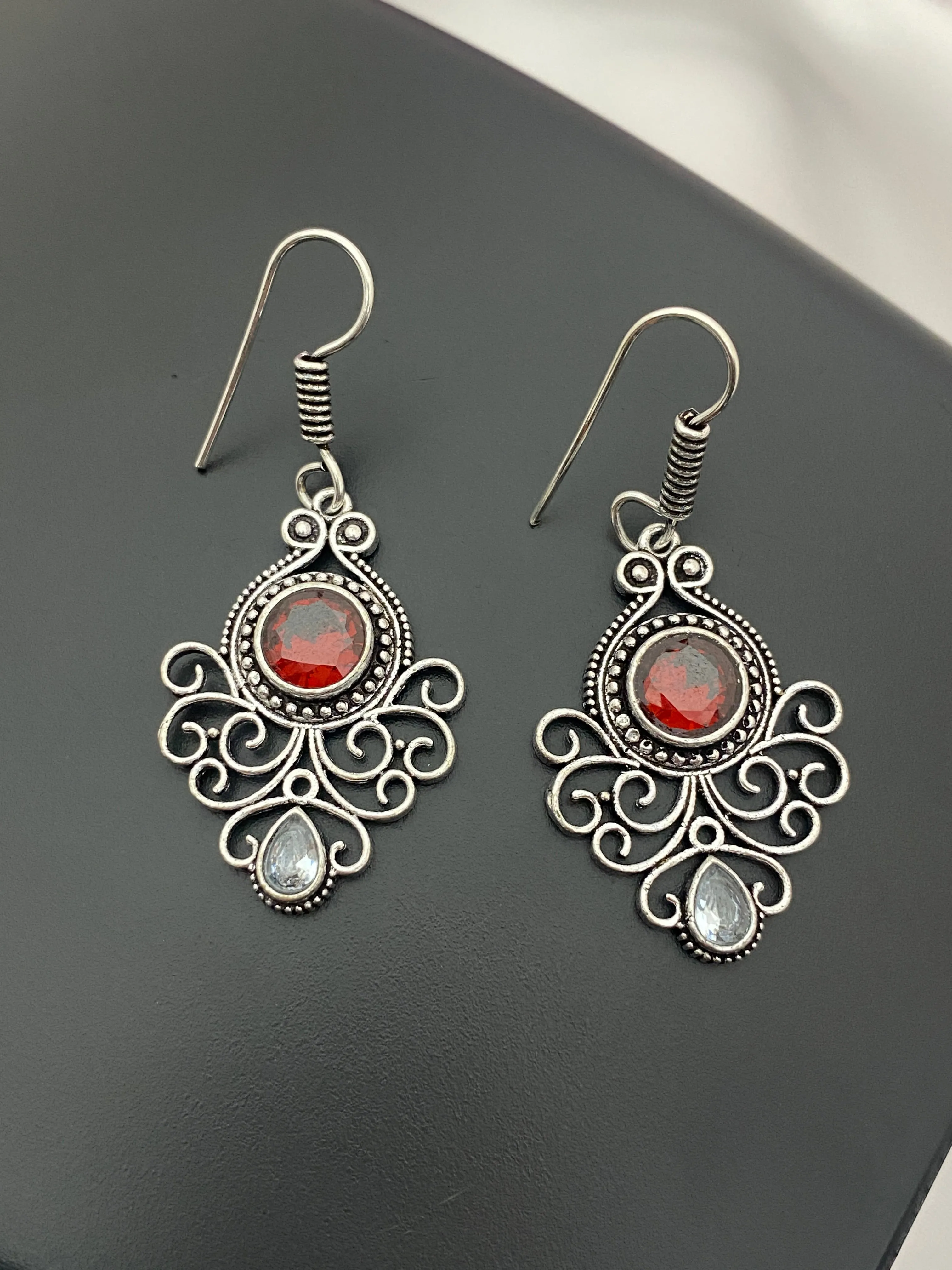 Elegant Red And White Stone Designer Silver Plated Oxidized Hook Earrings