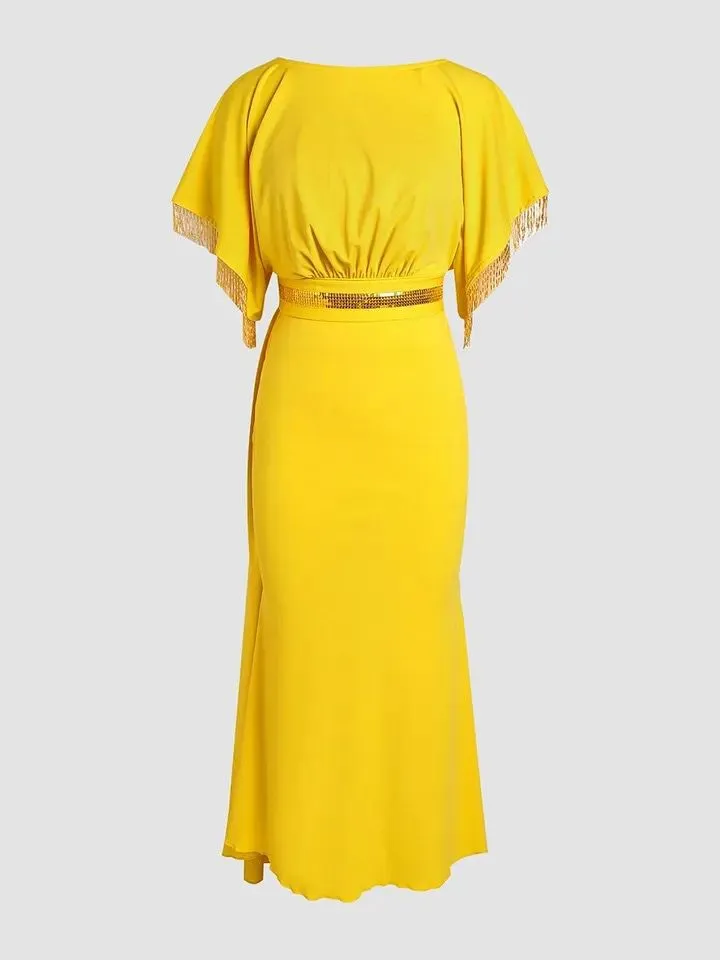 Elegant Yellow Beaded Fringe Knitted Dress L S4711118