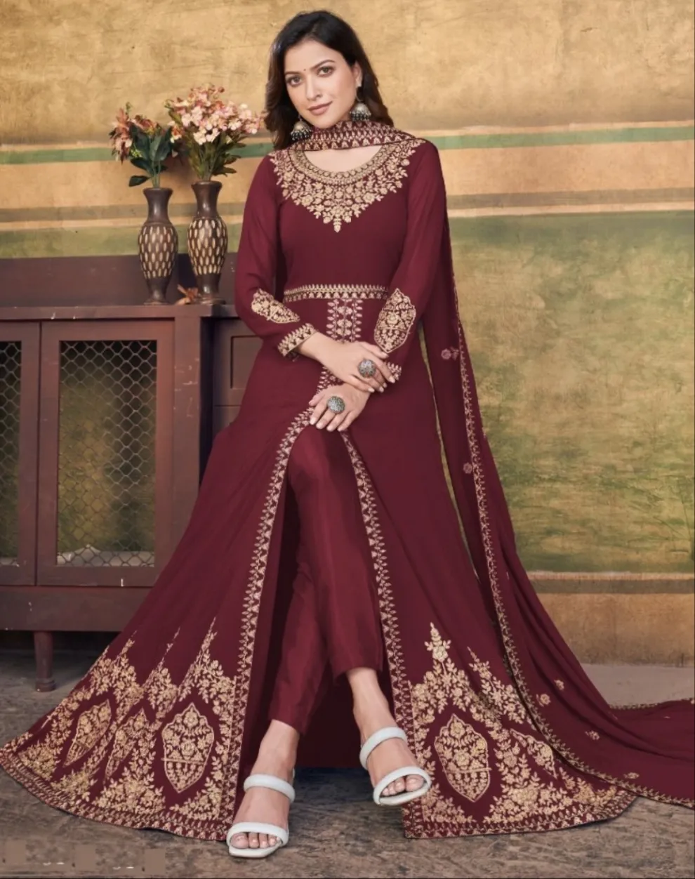 Embroidered Georgette Salwar Suits Maroon