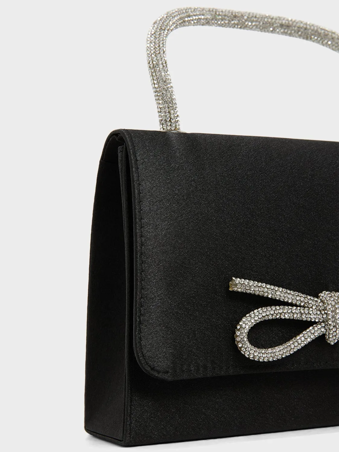 Faux-Suede Flapover Bag With Rhinestone Bow