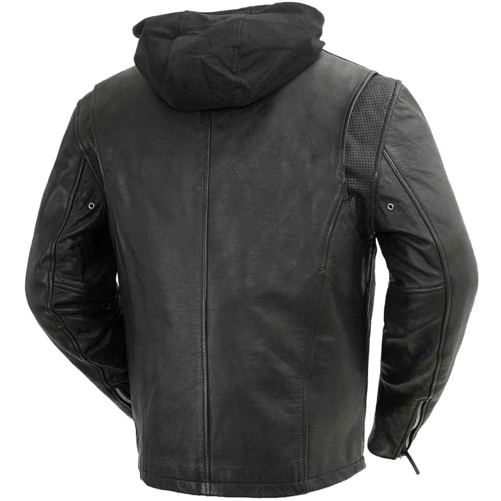 First Mfg Mens Street Cruiser Hooded Leather Motorcycle Jacket Size LARGE - Final Sale Ships Same Day