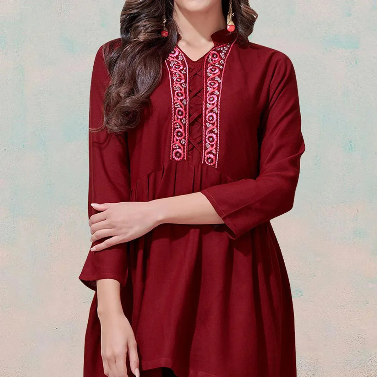 Fit & Flare Dark Maroon Rayon A-Line Embroidered Top