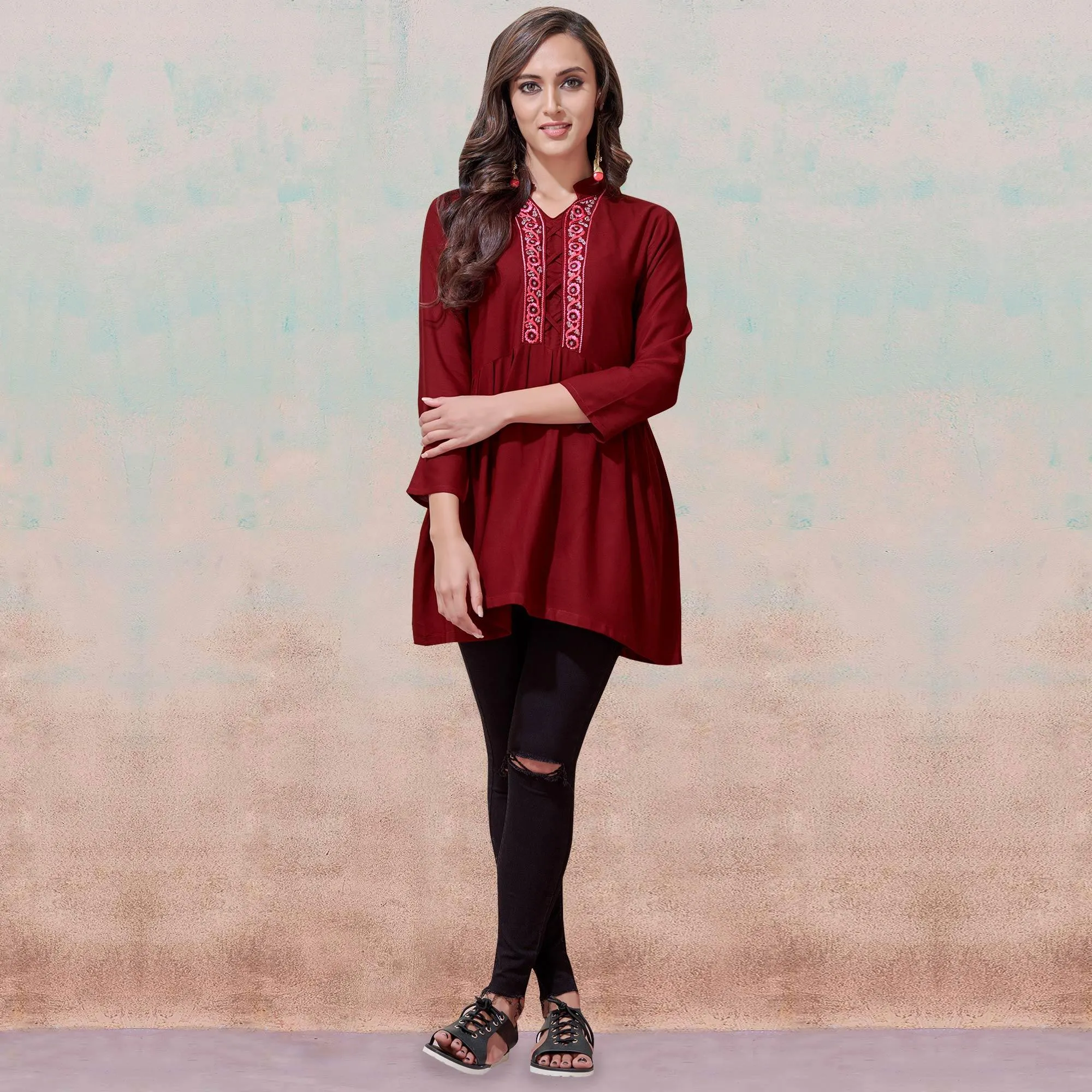 Fit & Flare Dark Maroon Rayon A-Line Embroidered Top