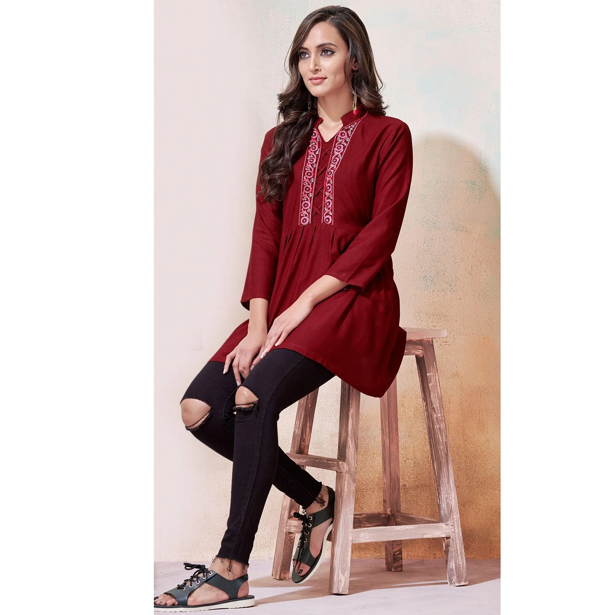 Fit & Flare Dark Maroon Rayon A-Line Embroidered Top