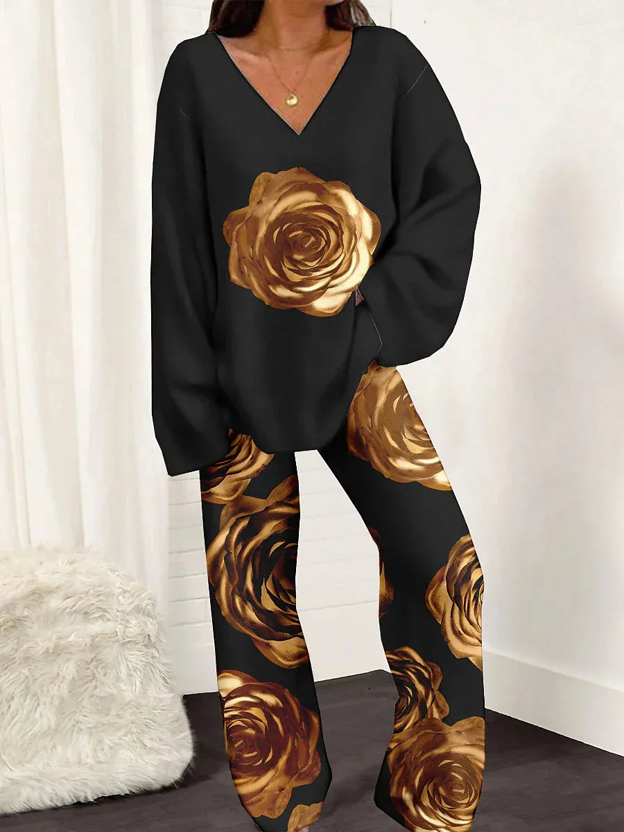 Floral Chic Women's Flannel Pajama Set with Tee and V-Neck