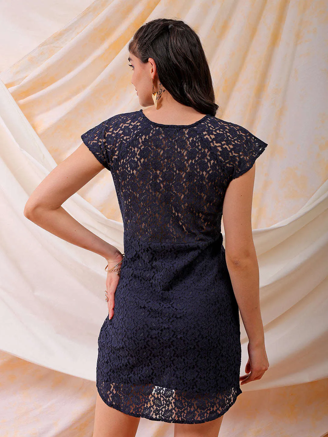 Freehand Women Blue Fitted Lace Round Neck Bodycon Dress