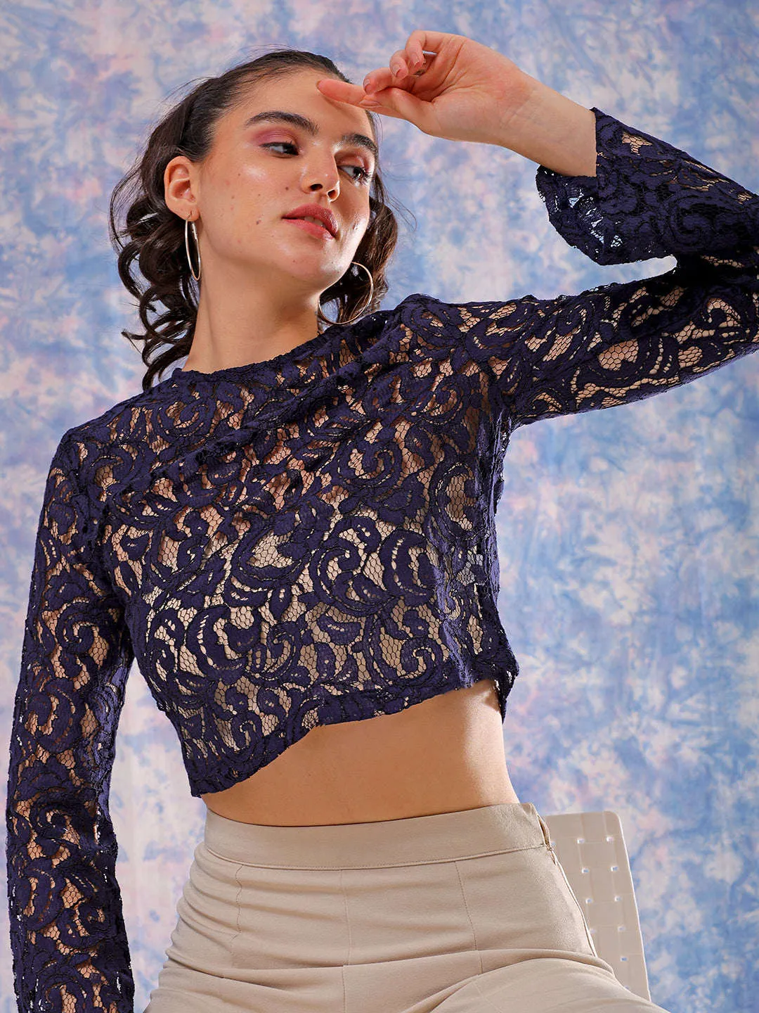 Freehand Women Blue Regular Lace Round Neck Crop Top