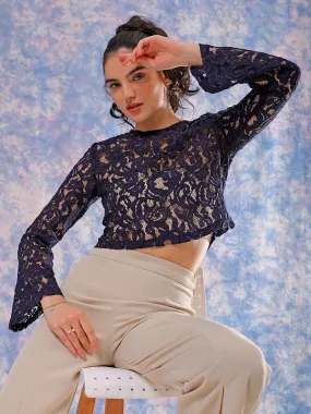 Freehand Women Blue Regular Lace Round Neck Crop Top