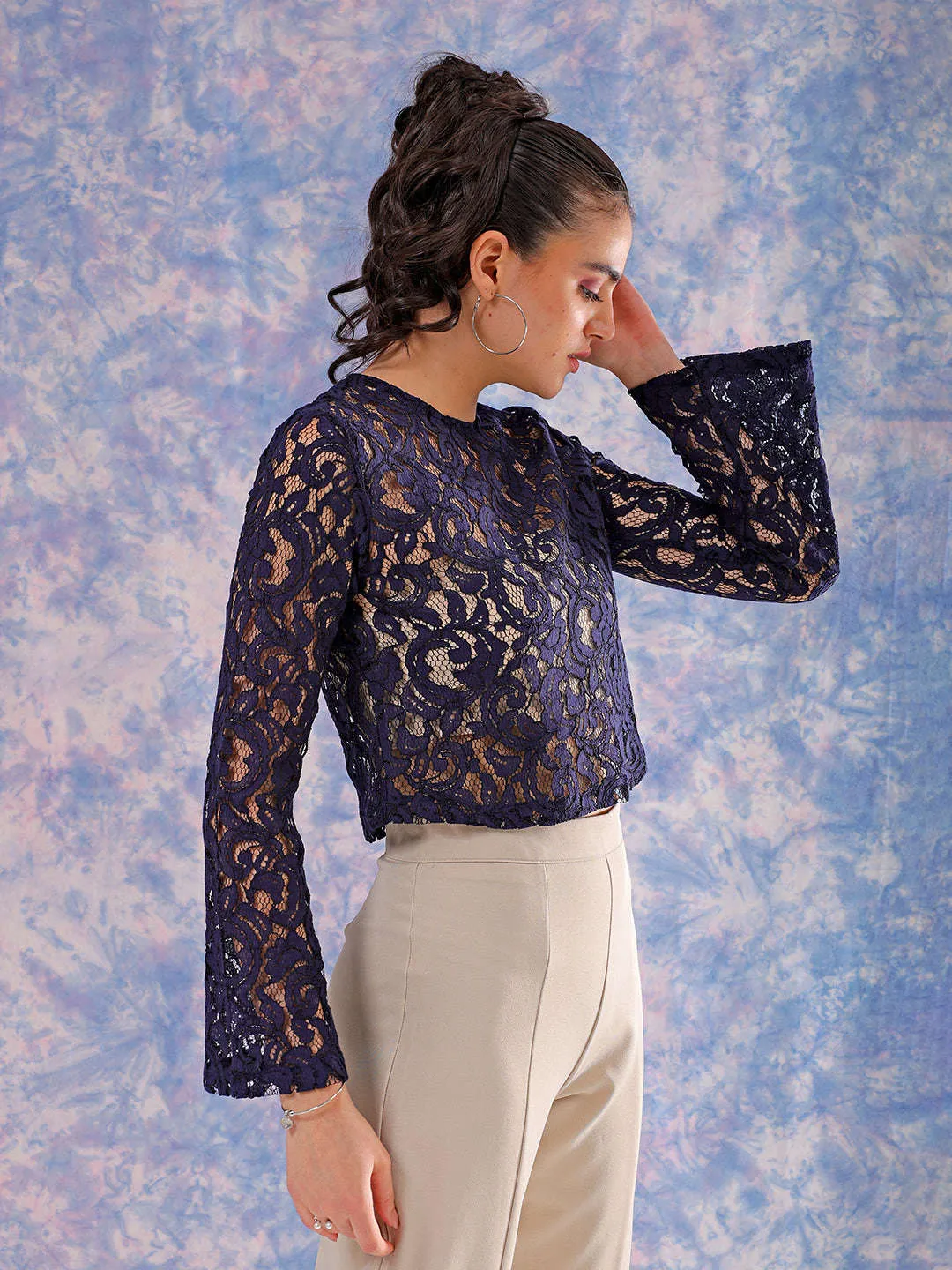 Freehand Women Blue Regular Lace Round Neck Crop Top