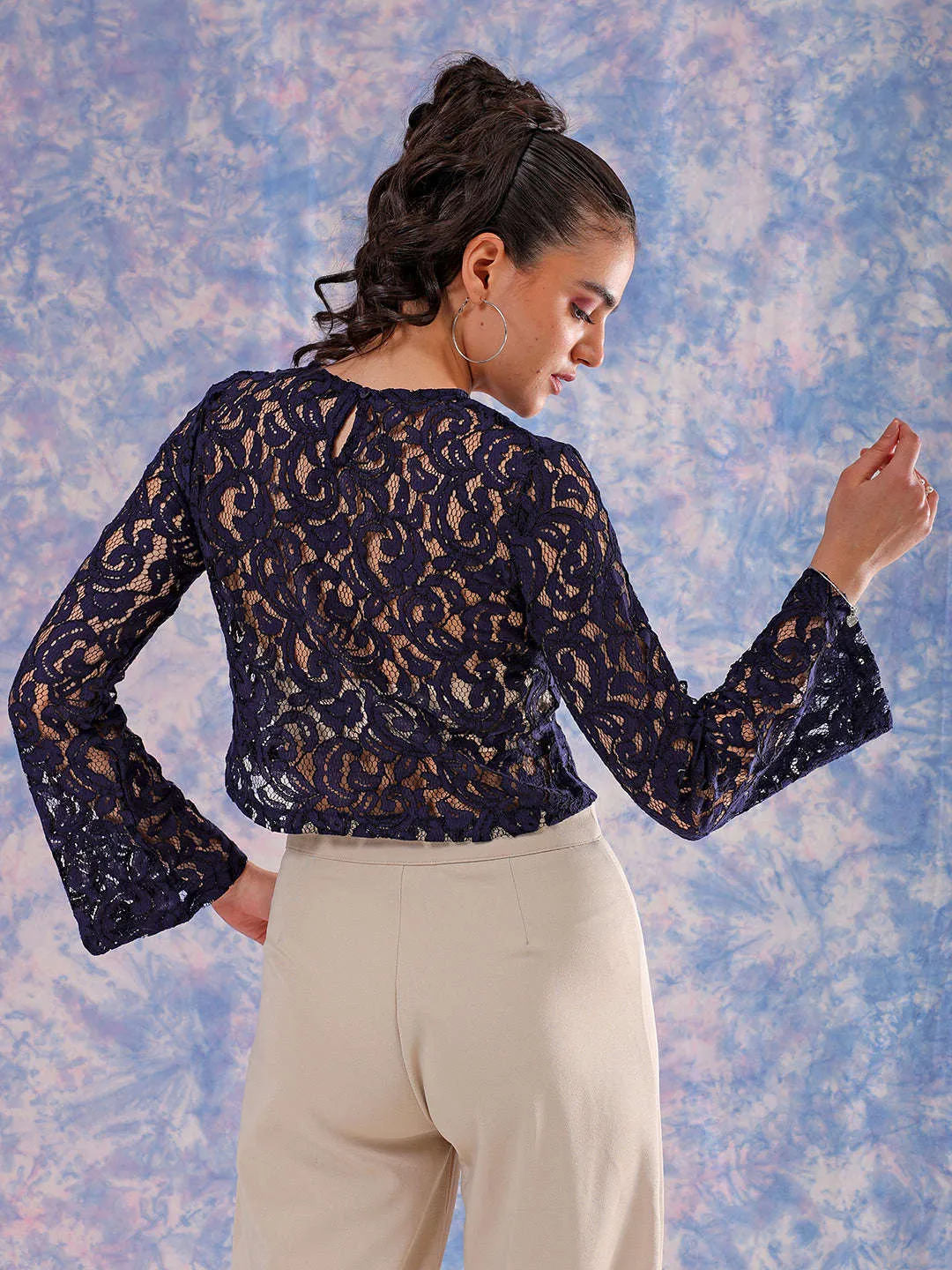 Freehand Women Blue Regular Lace Round Neck Crop Top