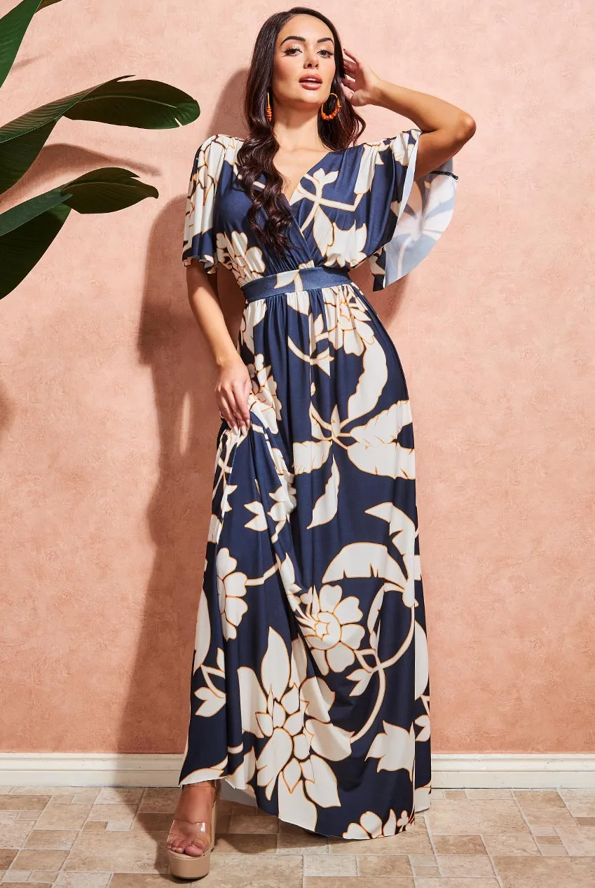 Goddiva Leaf Print Flutter Sleeve Maxi Dress