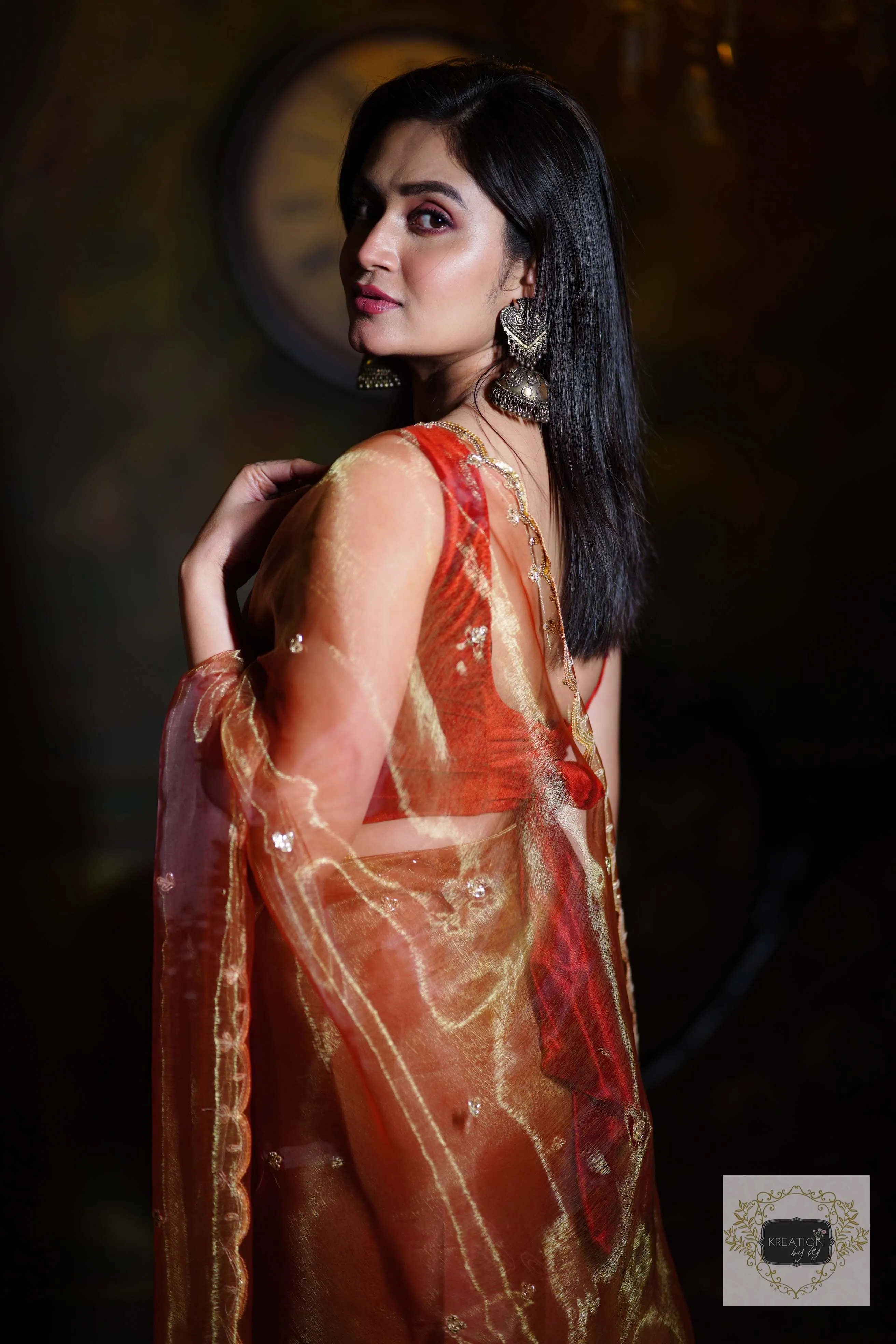 Golden Auburn Glass Tissue Piyali Saree