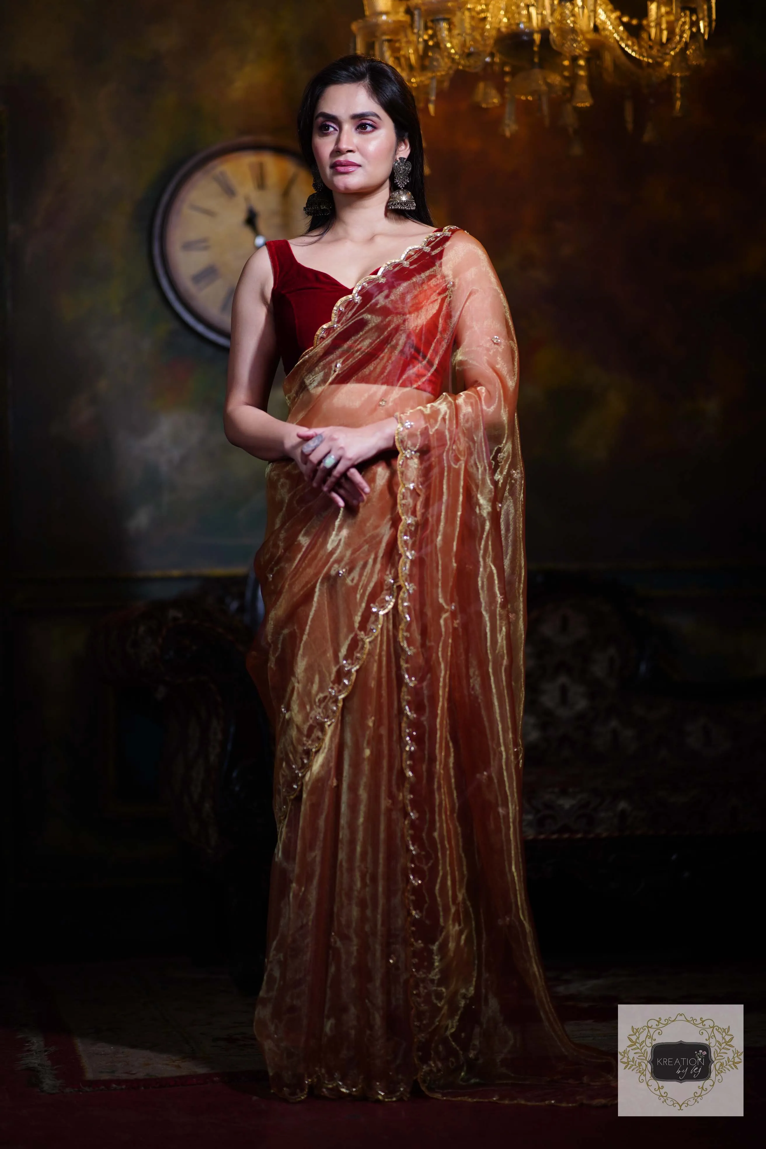 Golden Auburn Glass Tissue Piyali Saree