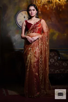 Golden Auburn Glass Tissue Piyali Saree