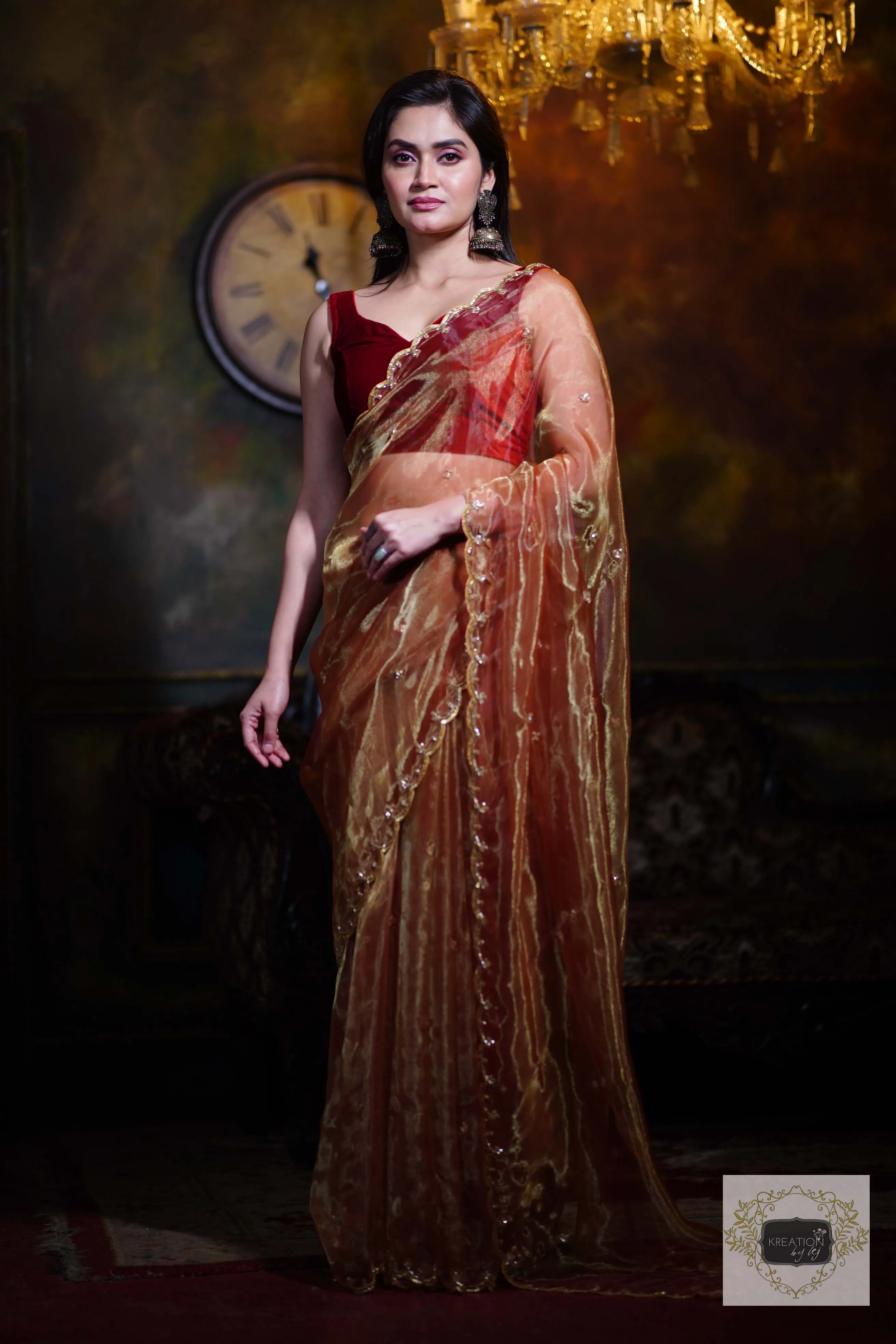 Golden Auburn Glass Tissue Piyali Saree