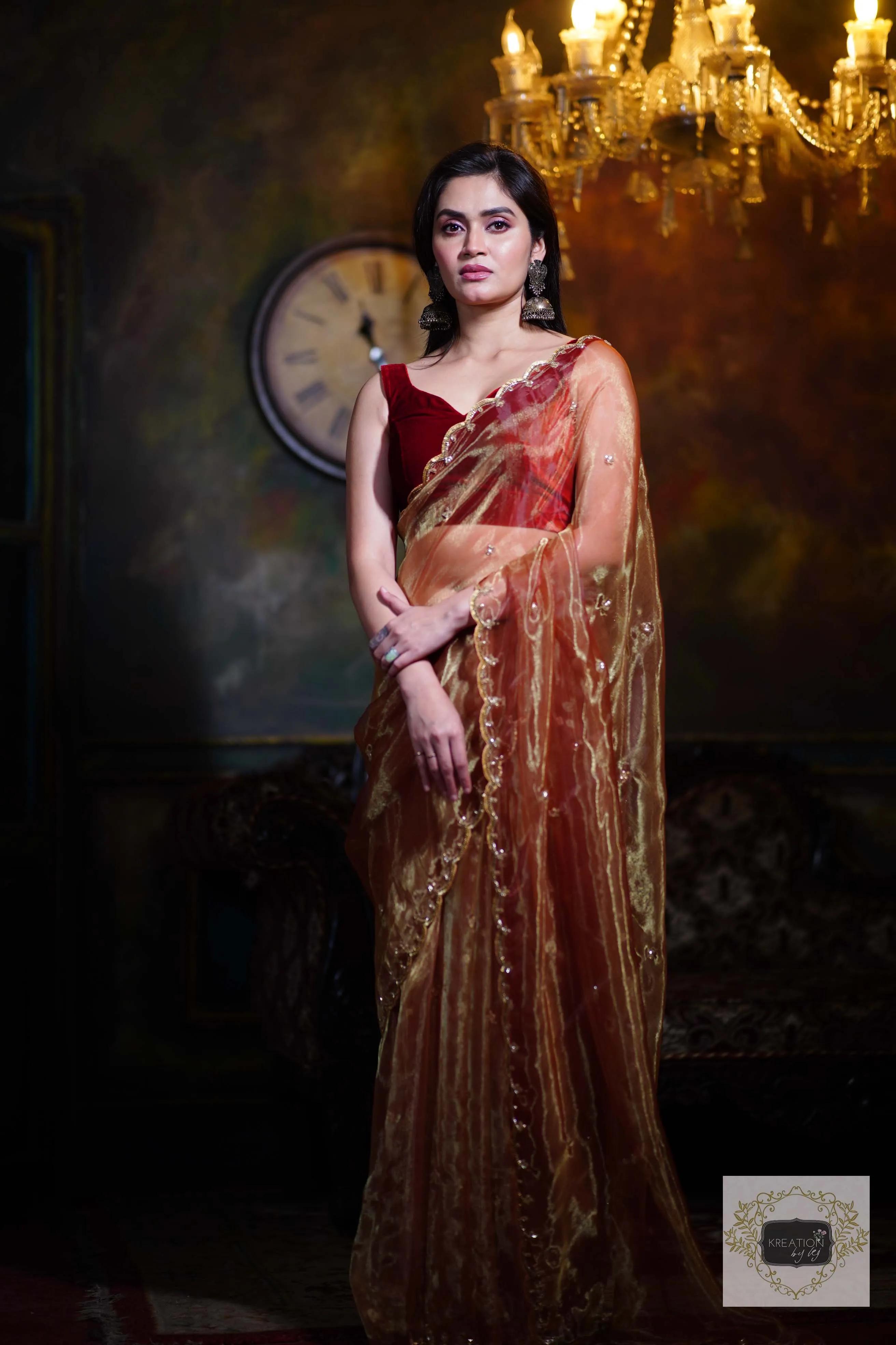 Golden Auburn Glass Tissue Piyali Saree