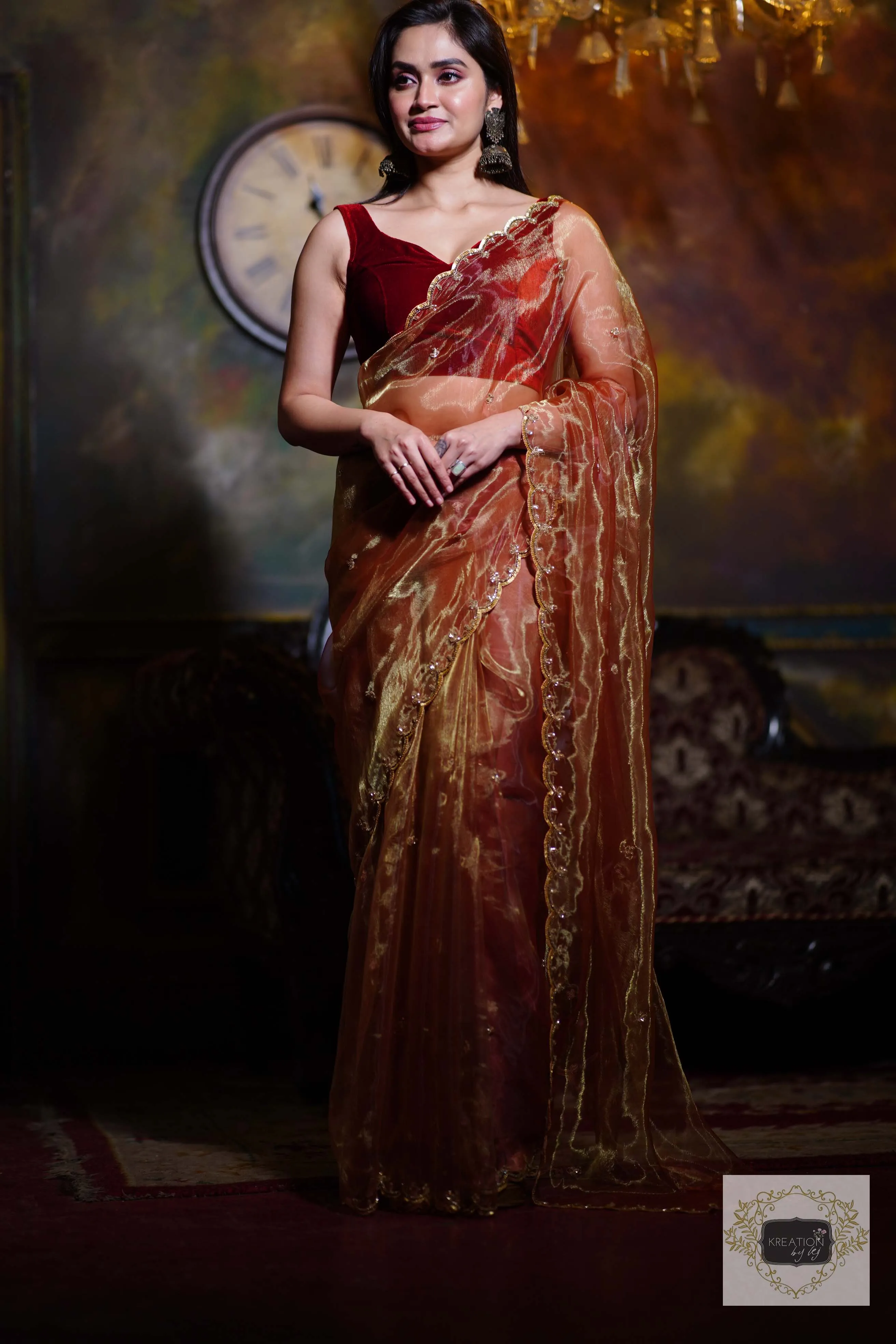 Golden Auburn Glass Tissue Piyali Saree